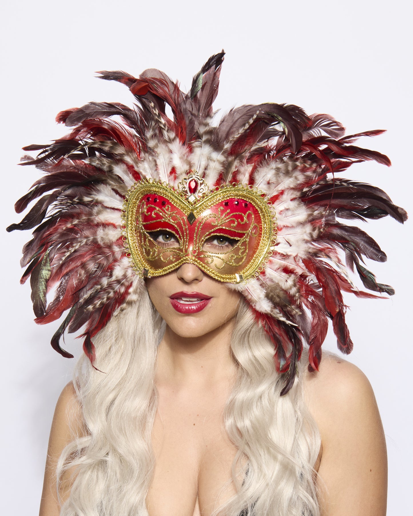 Opulent Venetian Feather Mask, Red