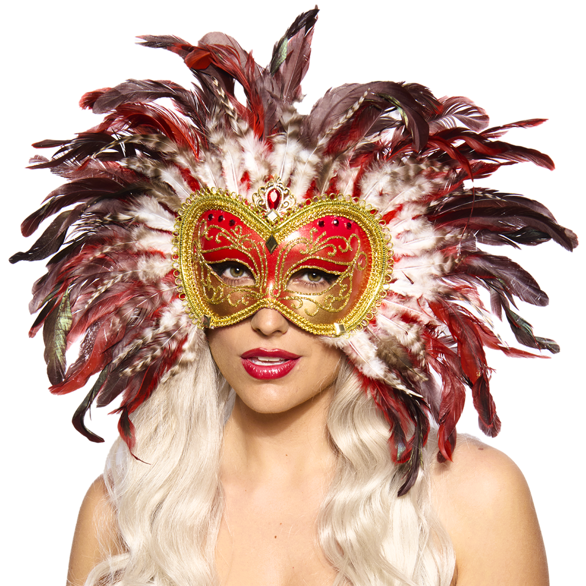 Opulent Venetian Feather Mask, Red
