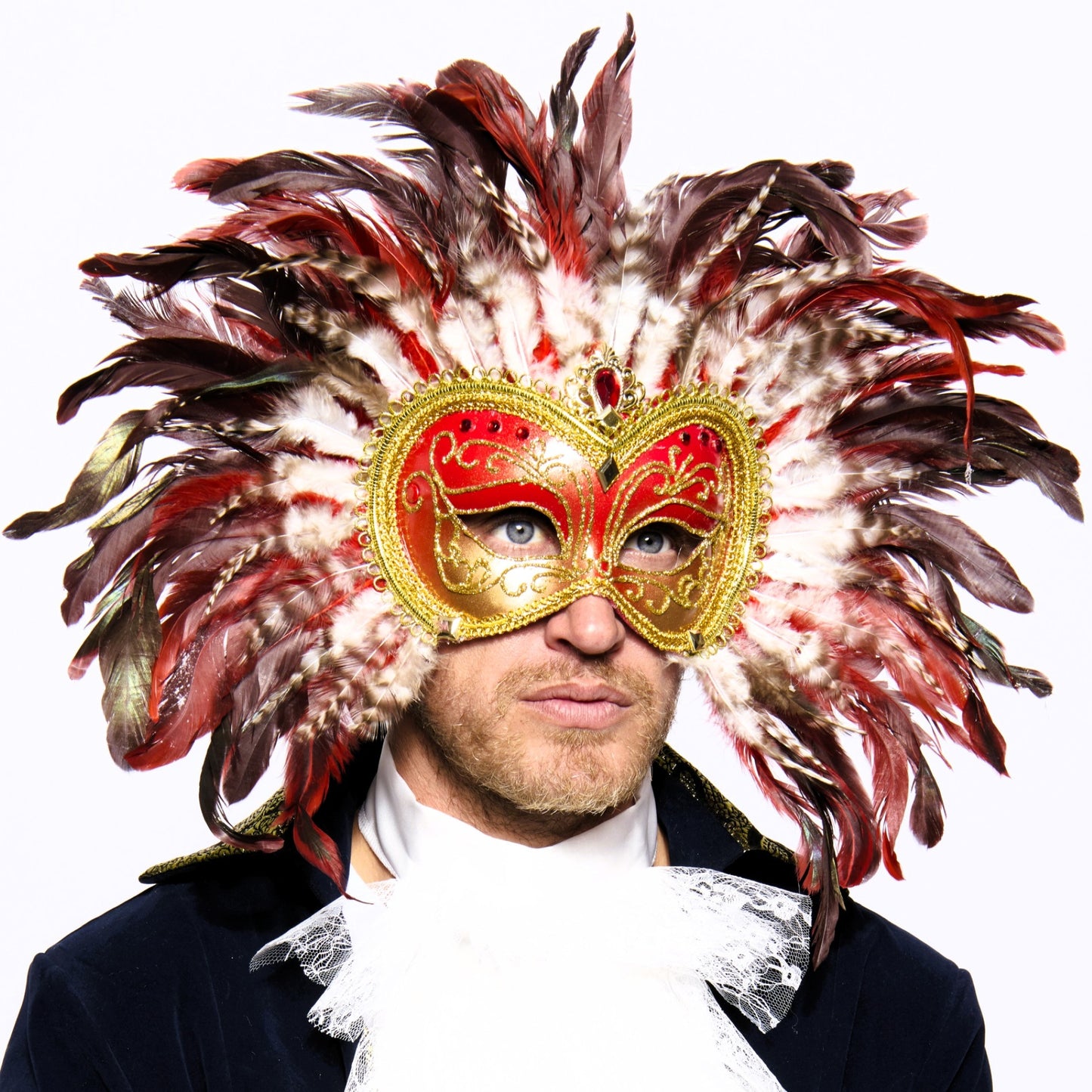Opulent Venetian Feather Mask, Red