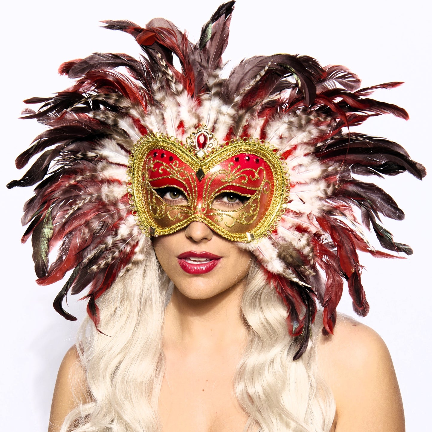 Opulent Venetian Feather Mask, Red