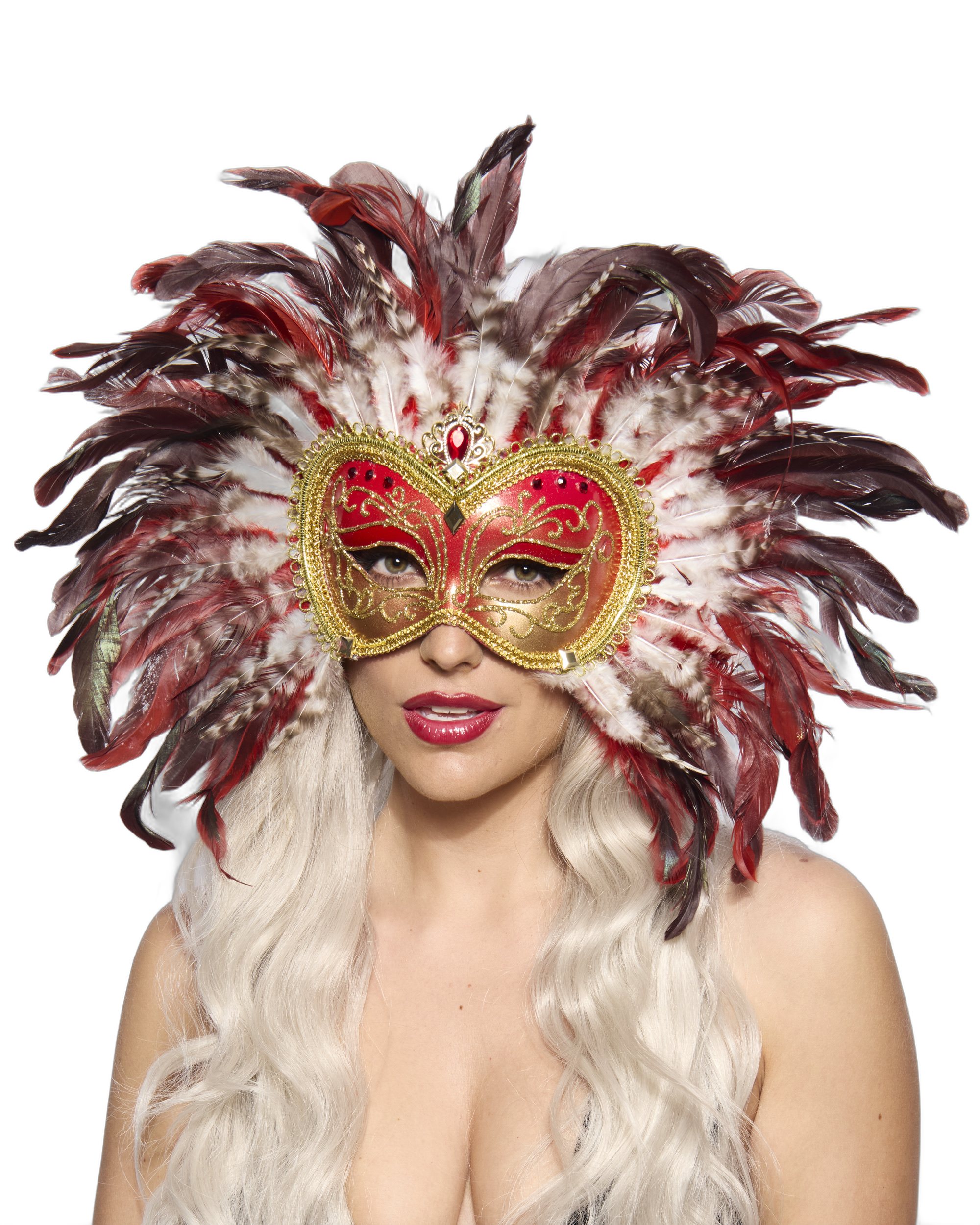 Opulent Venetian Feather Mask, Red