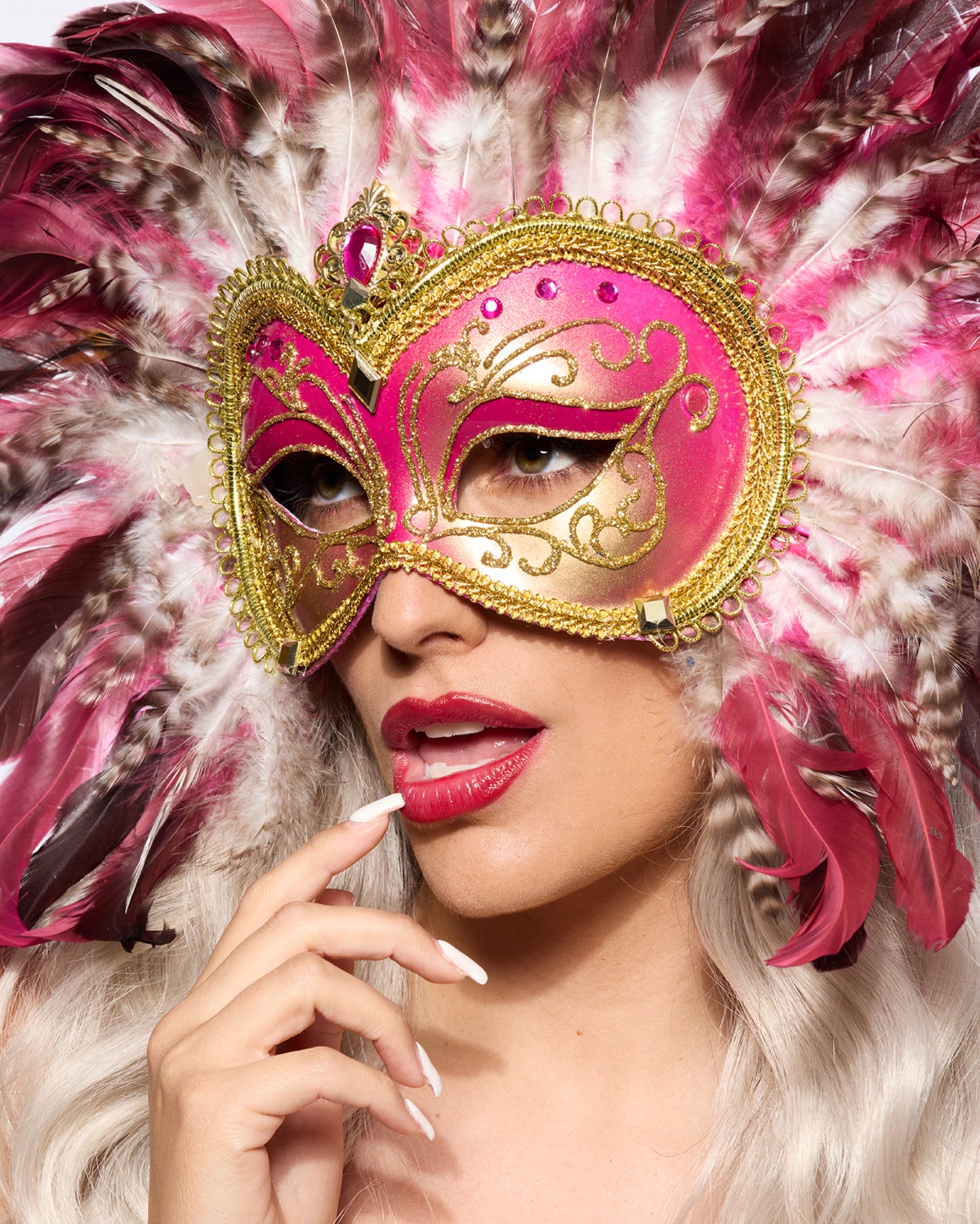 Opulent Venetian Feather Mask, Pink