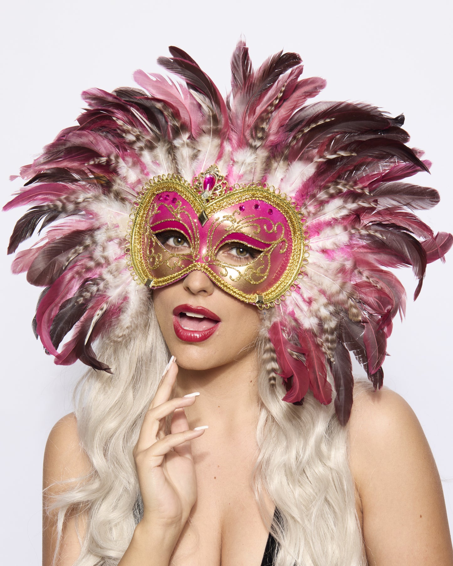 Opulent Venetian Feather Mask, Pink
