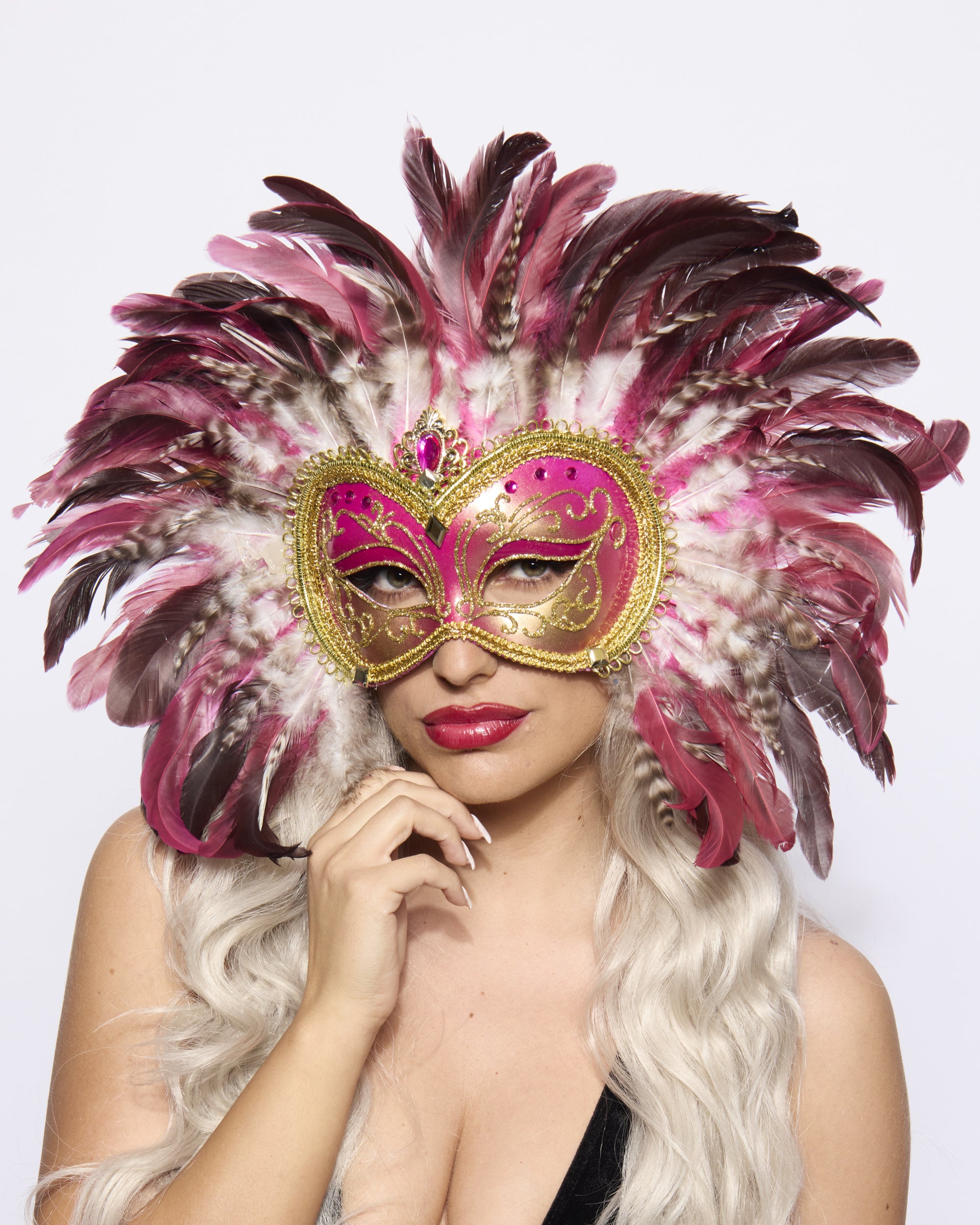 Opulent Venetian Feather Mask, Pink