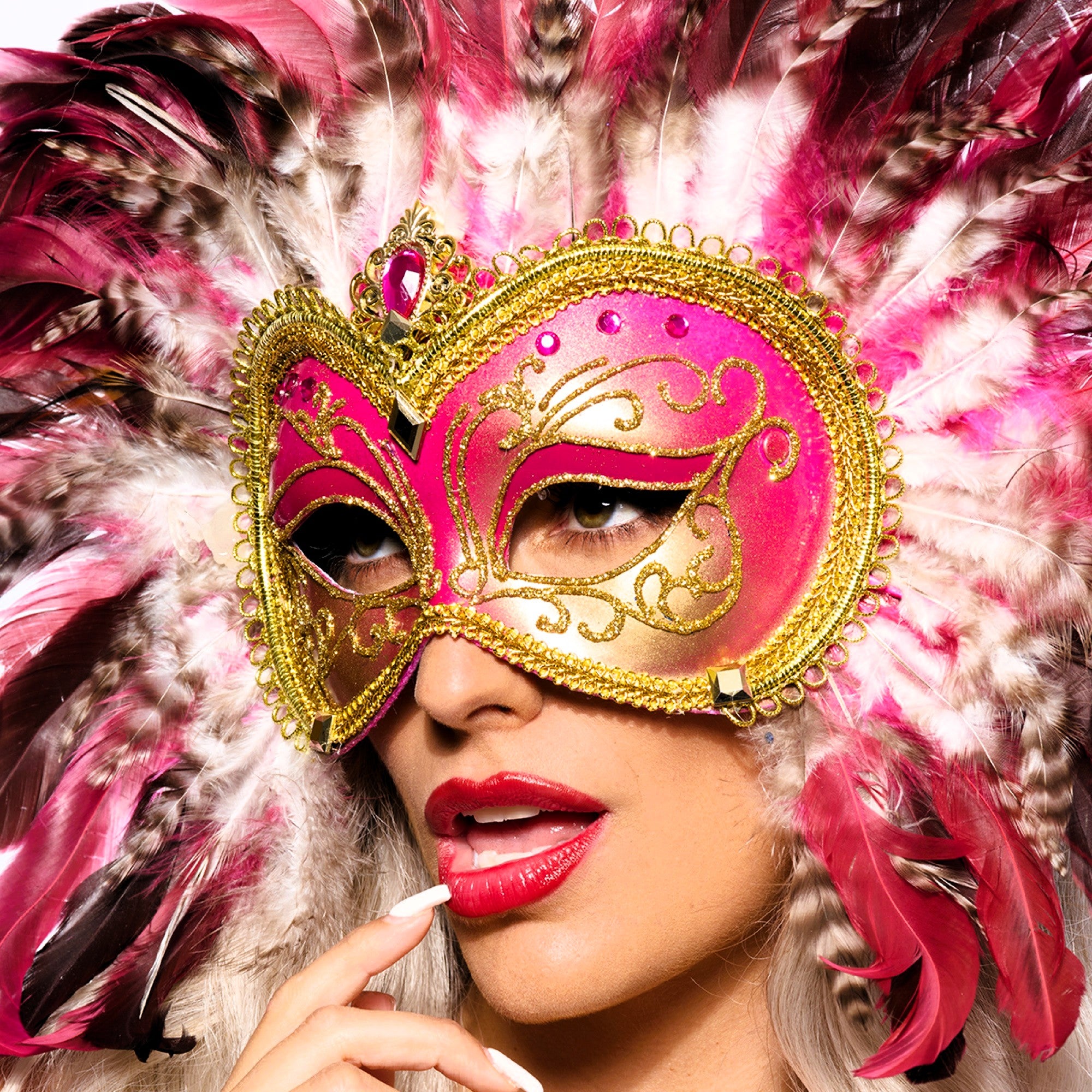 Opulent Venetian Feather Mask, Pink