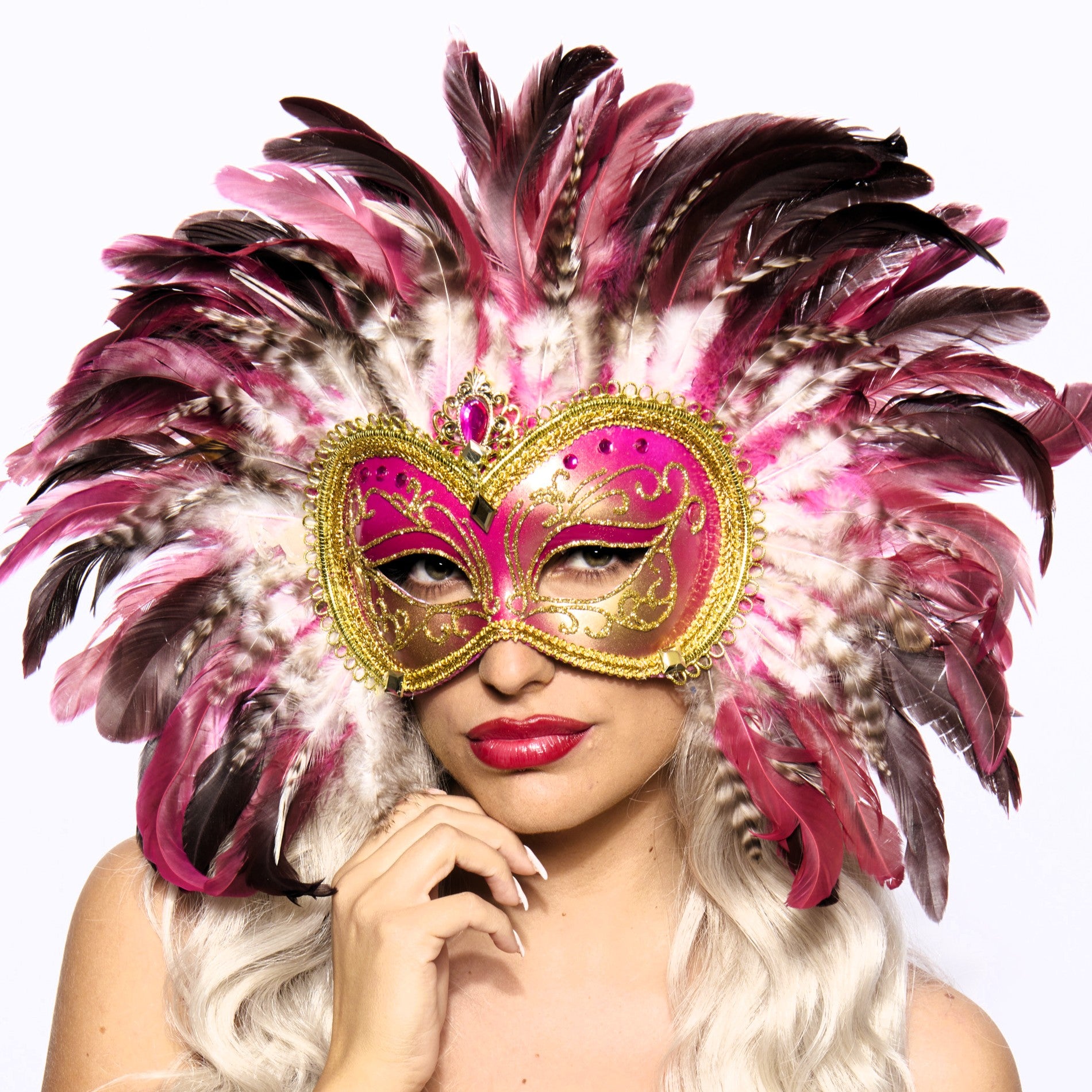Opulent Venetian Feather Mask, Pink