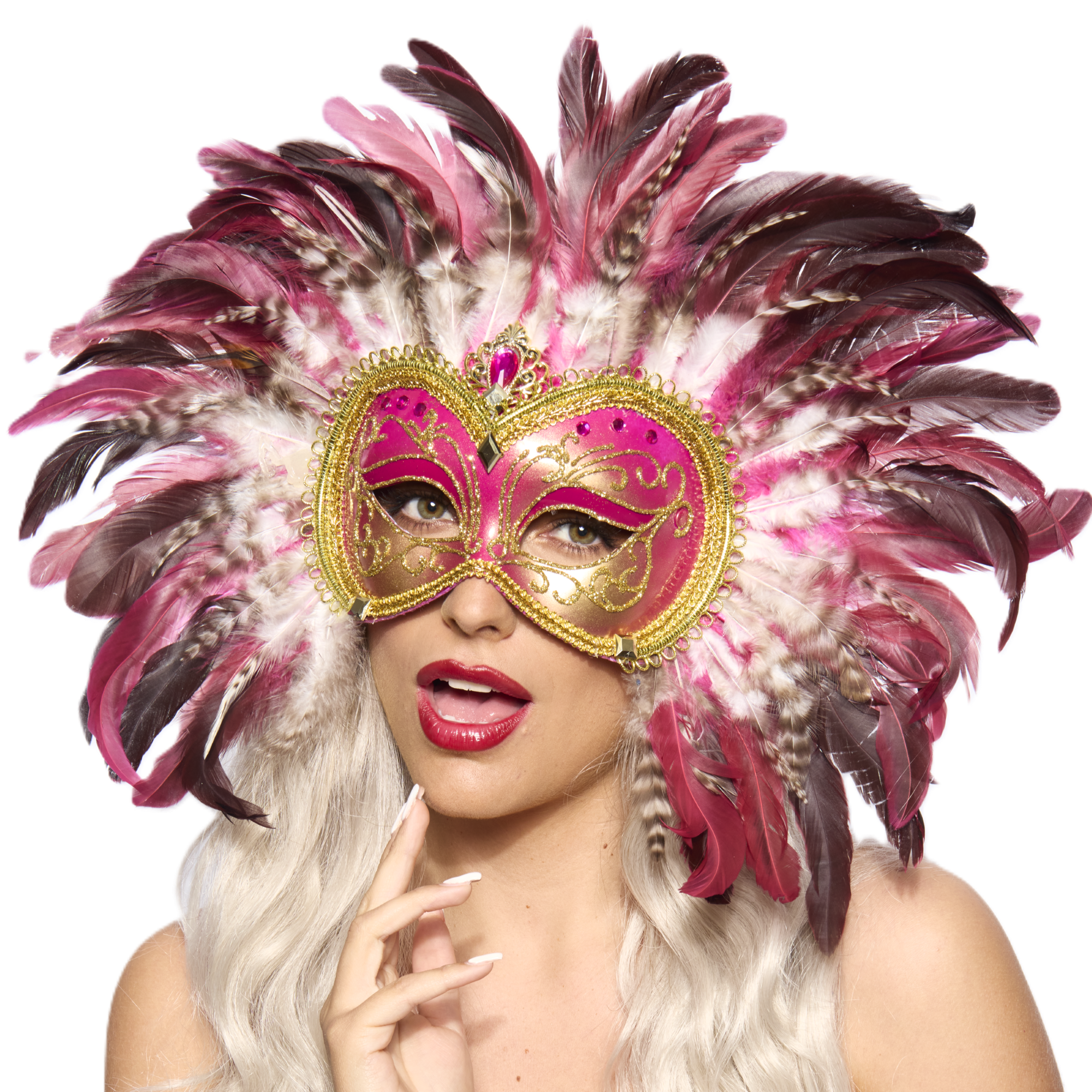 Opulent Venetian Feather Mask, Pink