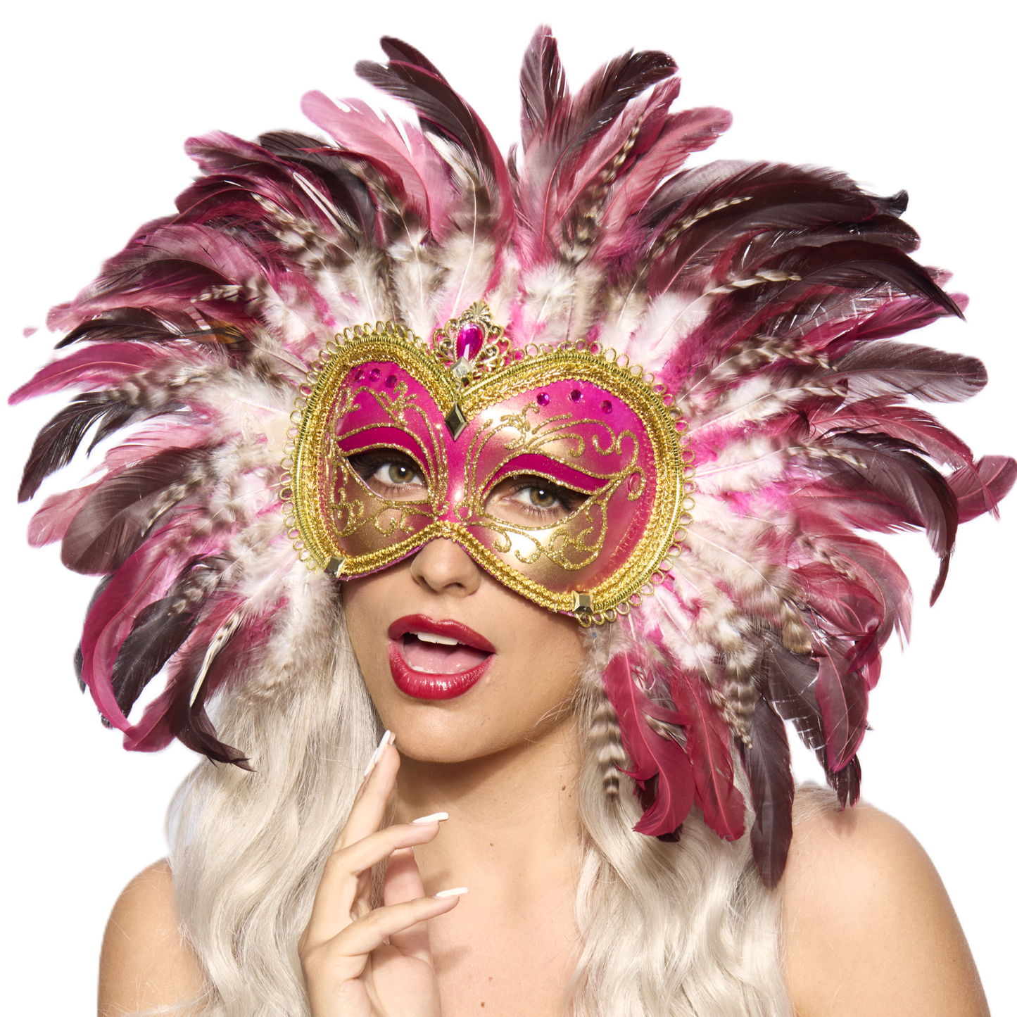 Opulent Venetian Feather Mask, Pink