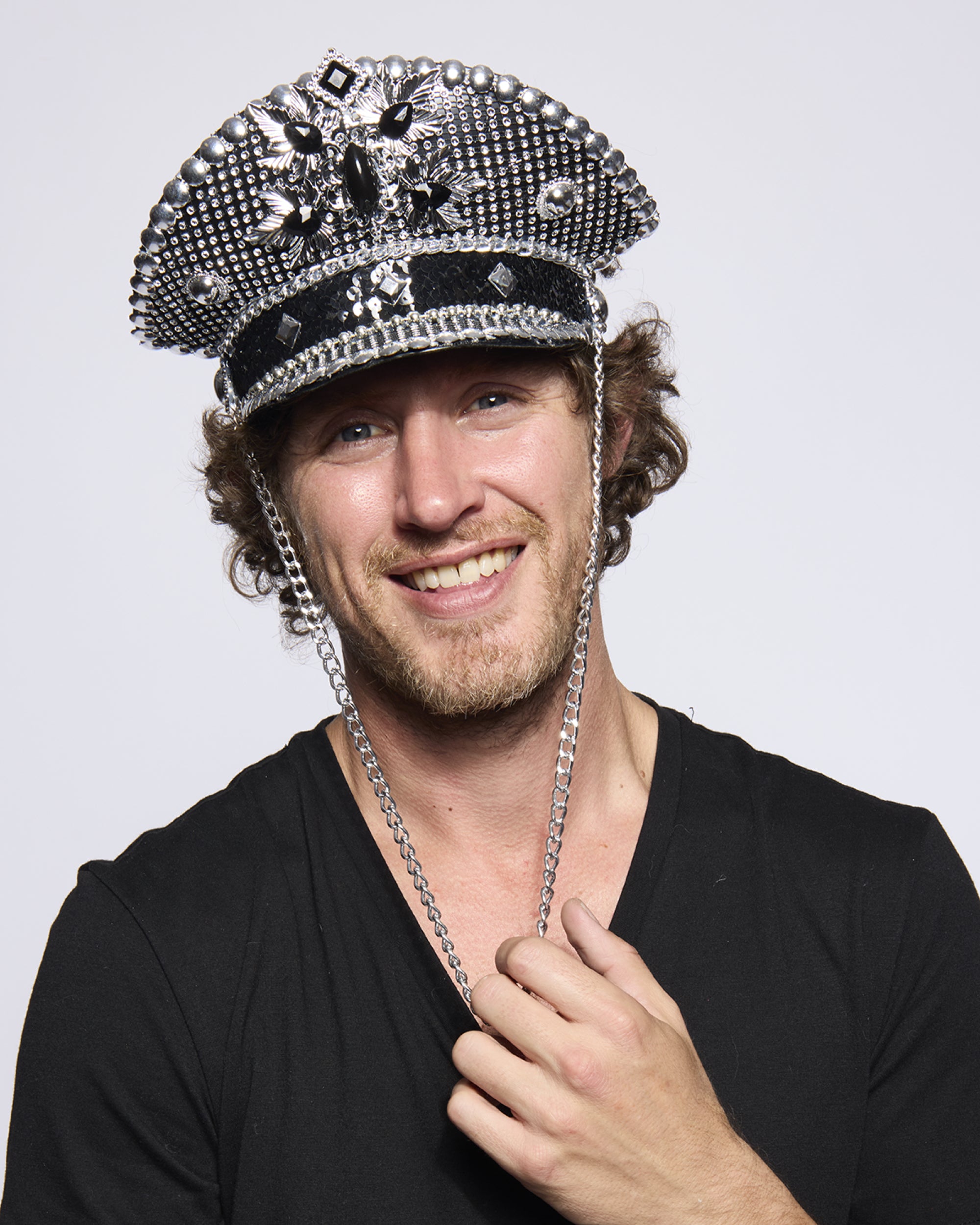Captain's Half-Cap, Deluxe Jewelled, Black and silver