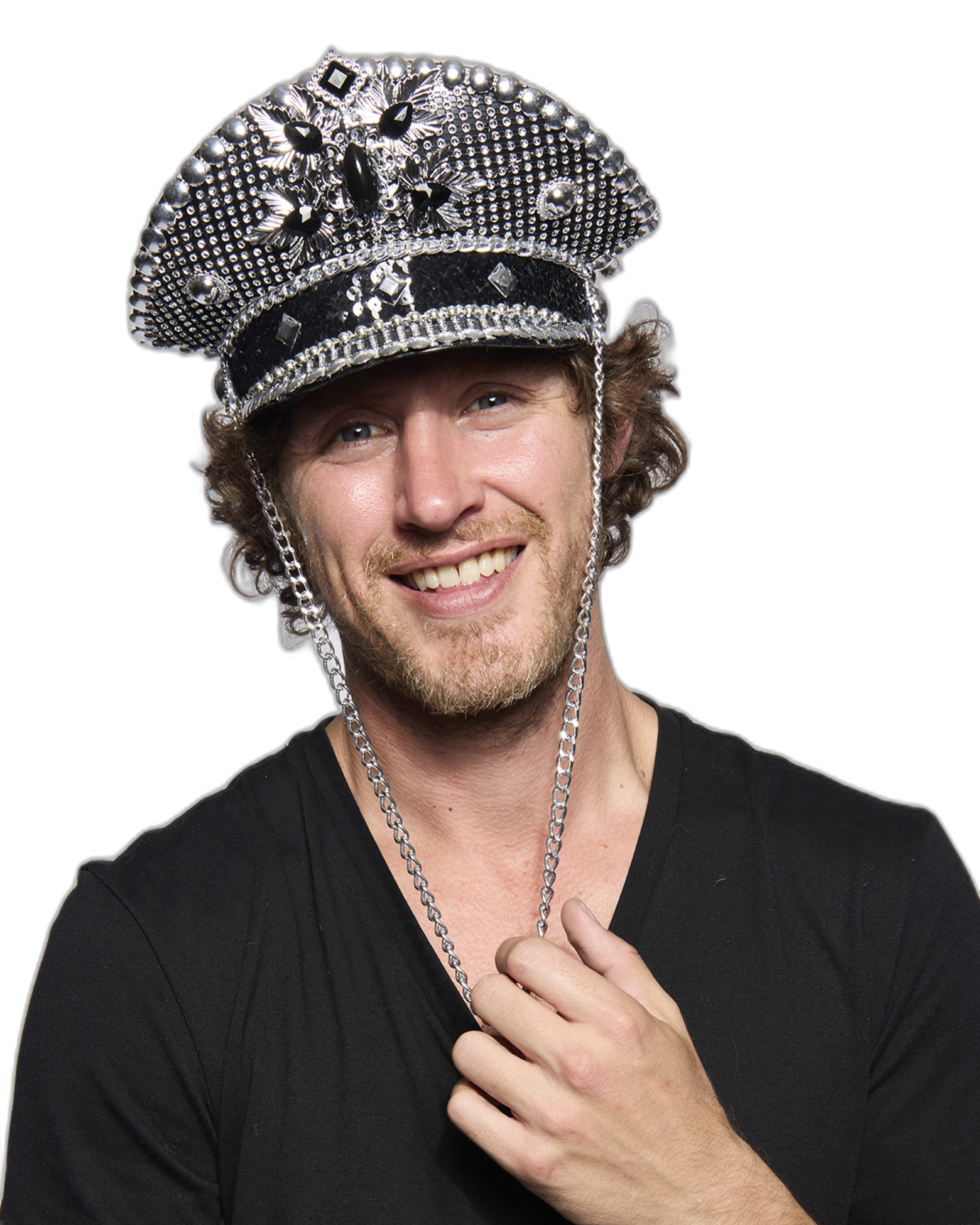Captain's Half-Cap, Deluxe Jewelled, Black and silver