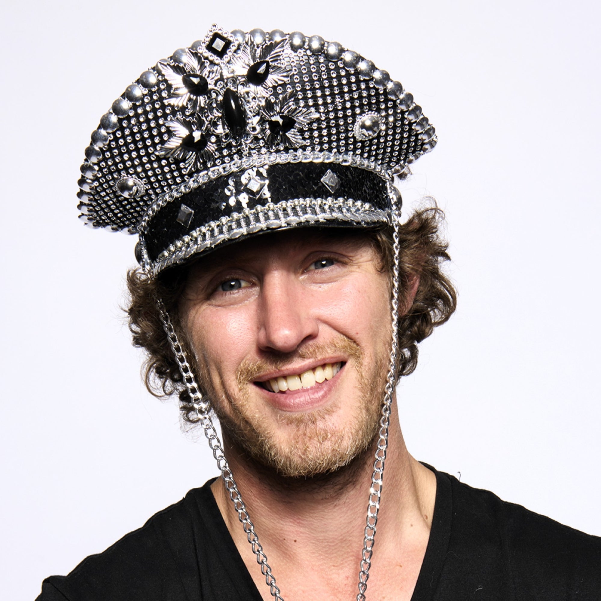 Captain's Half-Cap, Deluxe Jewelled, Black and silver