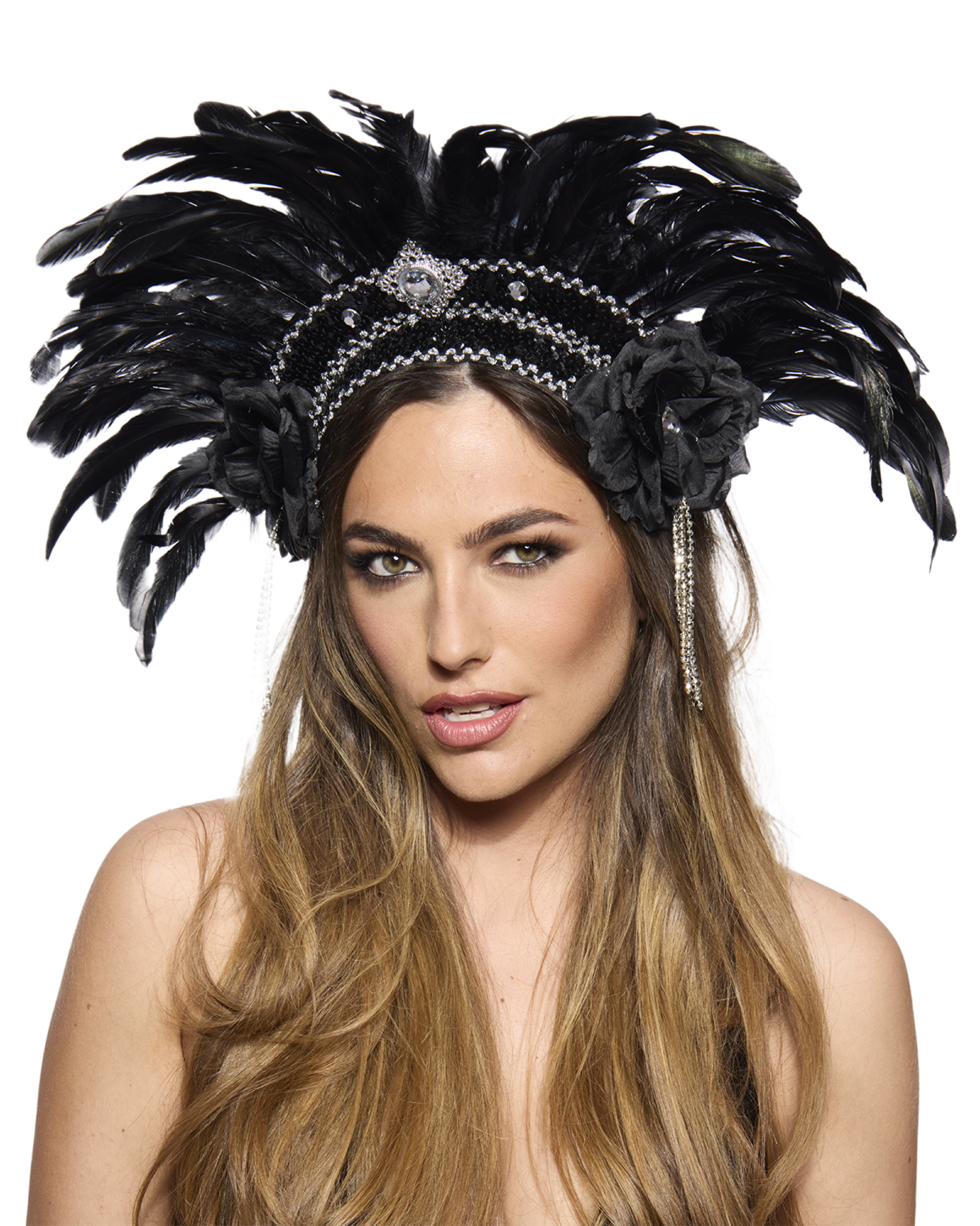 Feather Headdress, Showstopper, Silver and Black