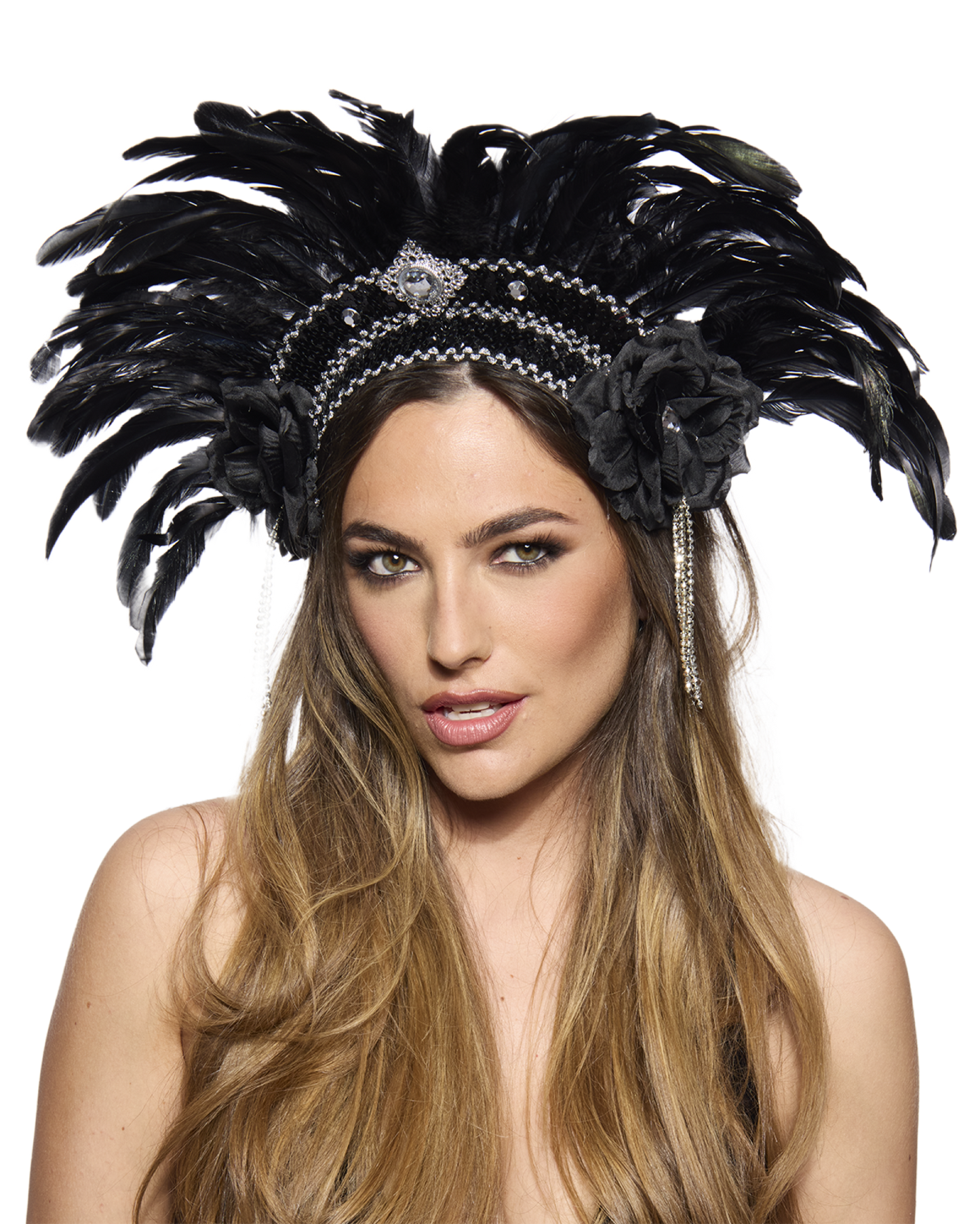 Feather Headdress, Showstopper, Silver and Black