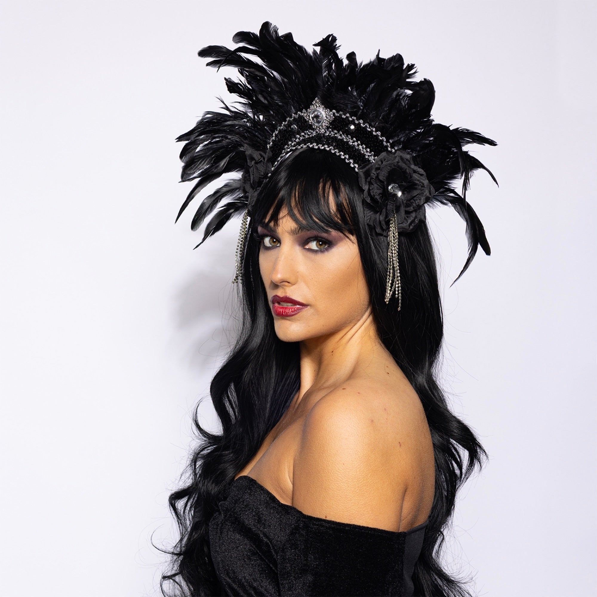 Feather Headdress, Showstopper, Silver and Black