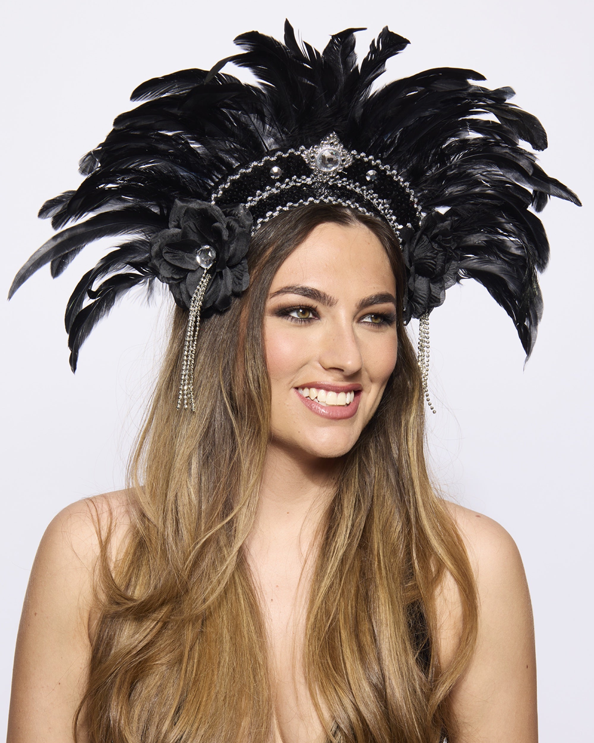 Feather Headdress, Showstopper, Silver and Black