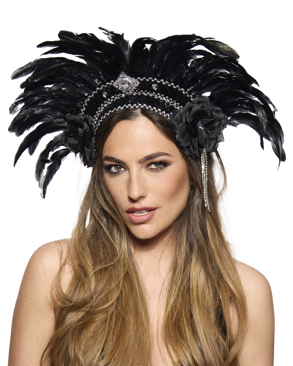 Showstopper Feather Headdress, Silver and Black