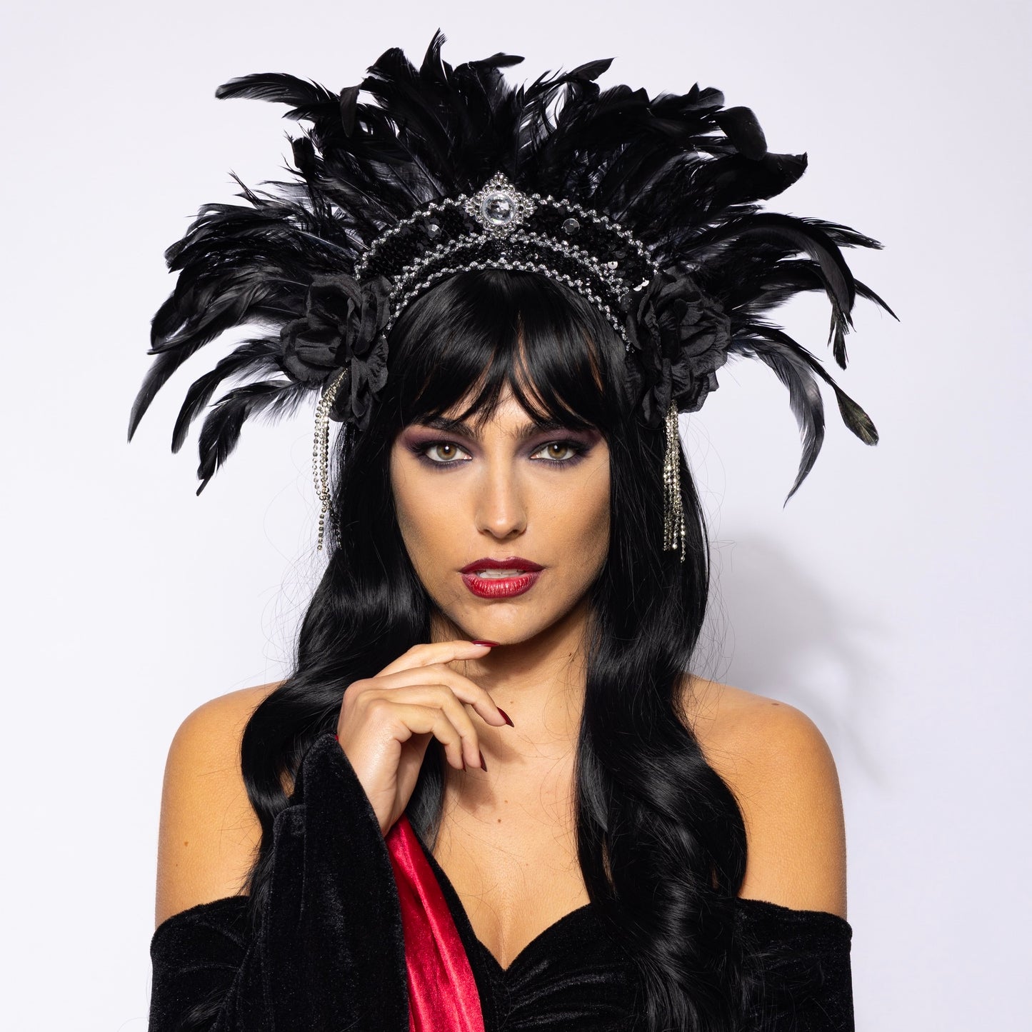 Feather Headdress, Showstopper, Silver and Black