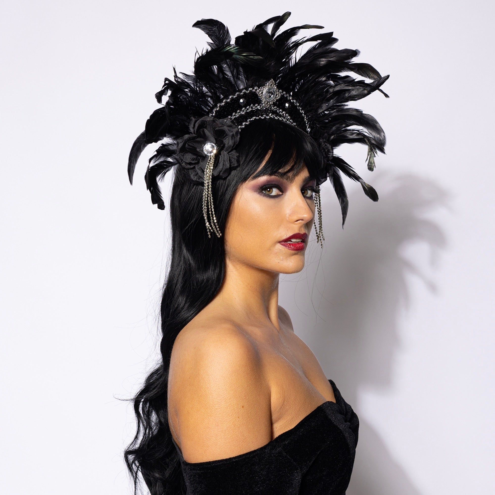 Feather Headdress, Showstopper, Silver and Black