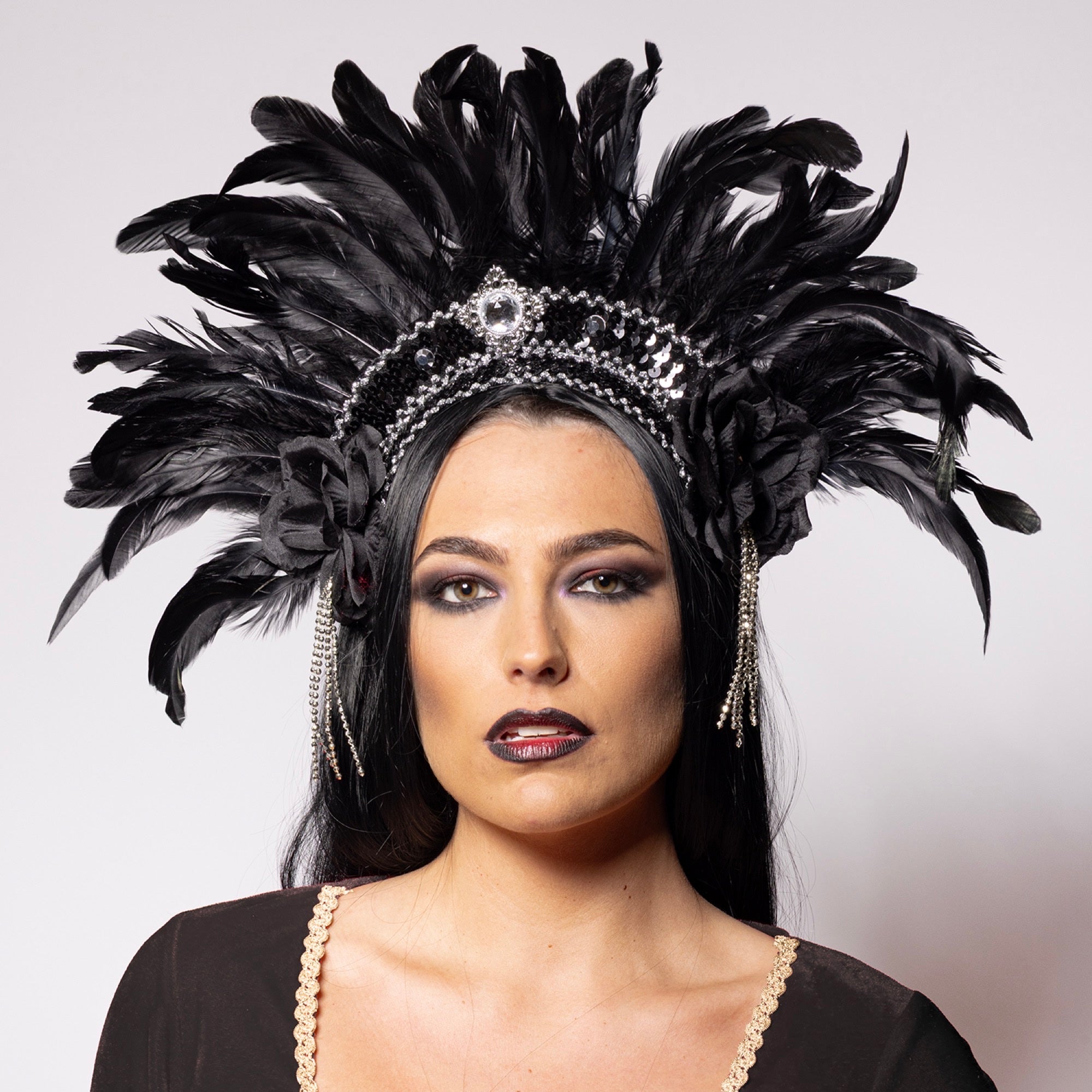 Feather Headdress, Showstopper, Silver and Black