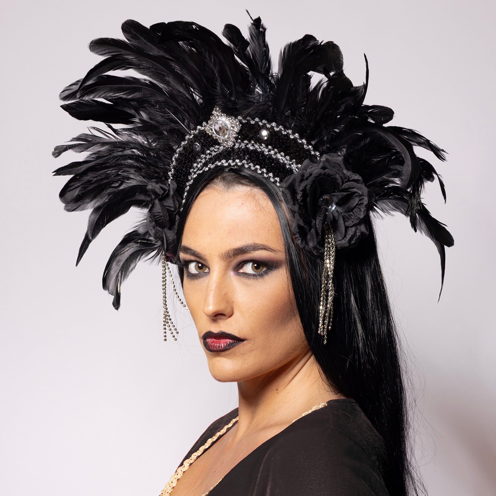 Feather Headdress, Showstopper, Silver and Black