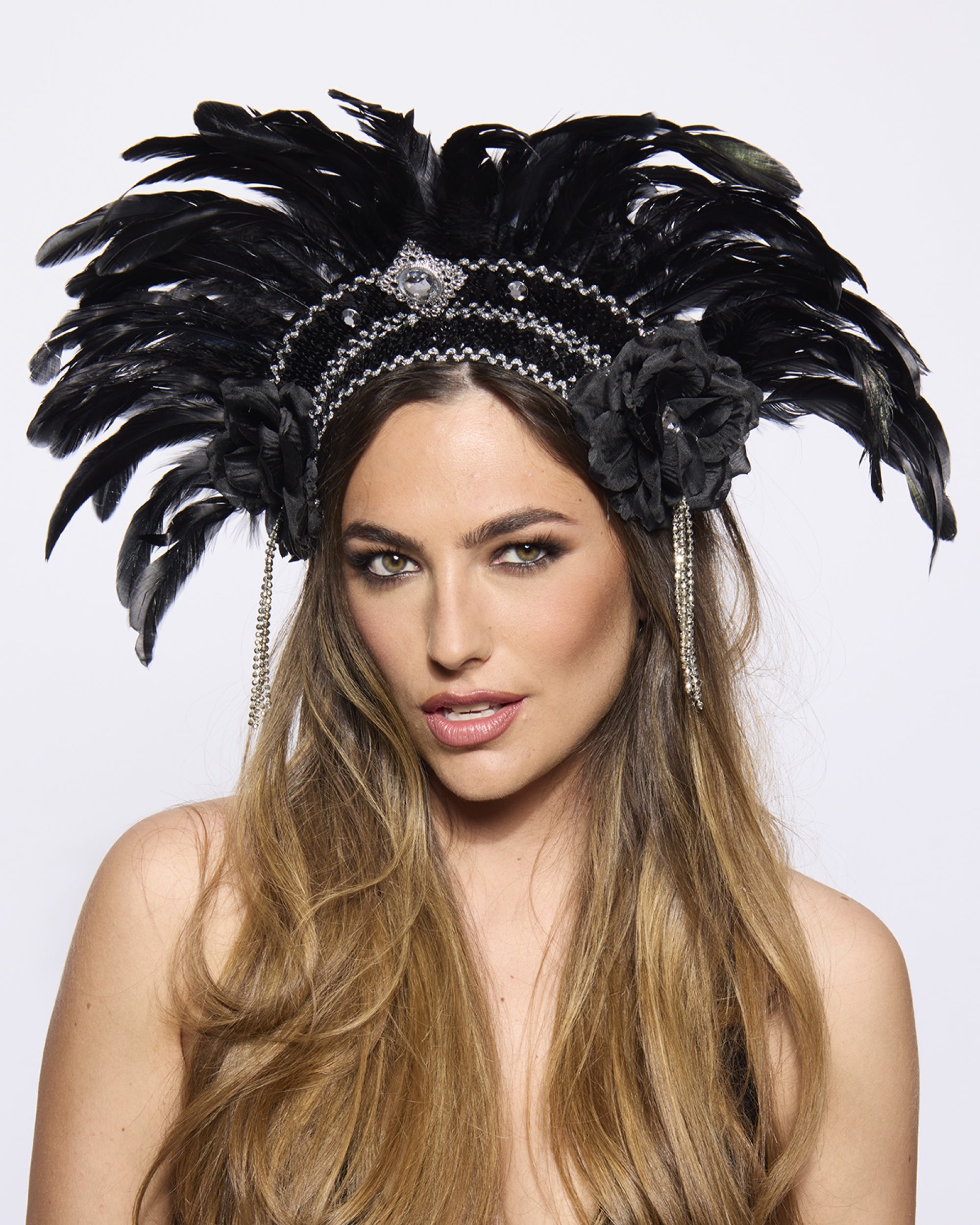 Feather Headdress, Showstopper, Silver and Black