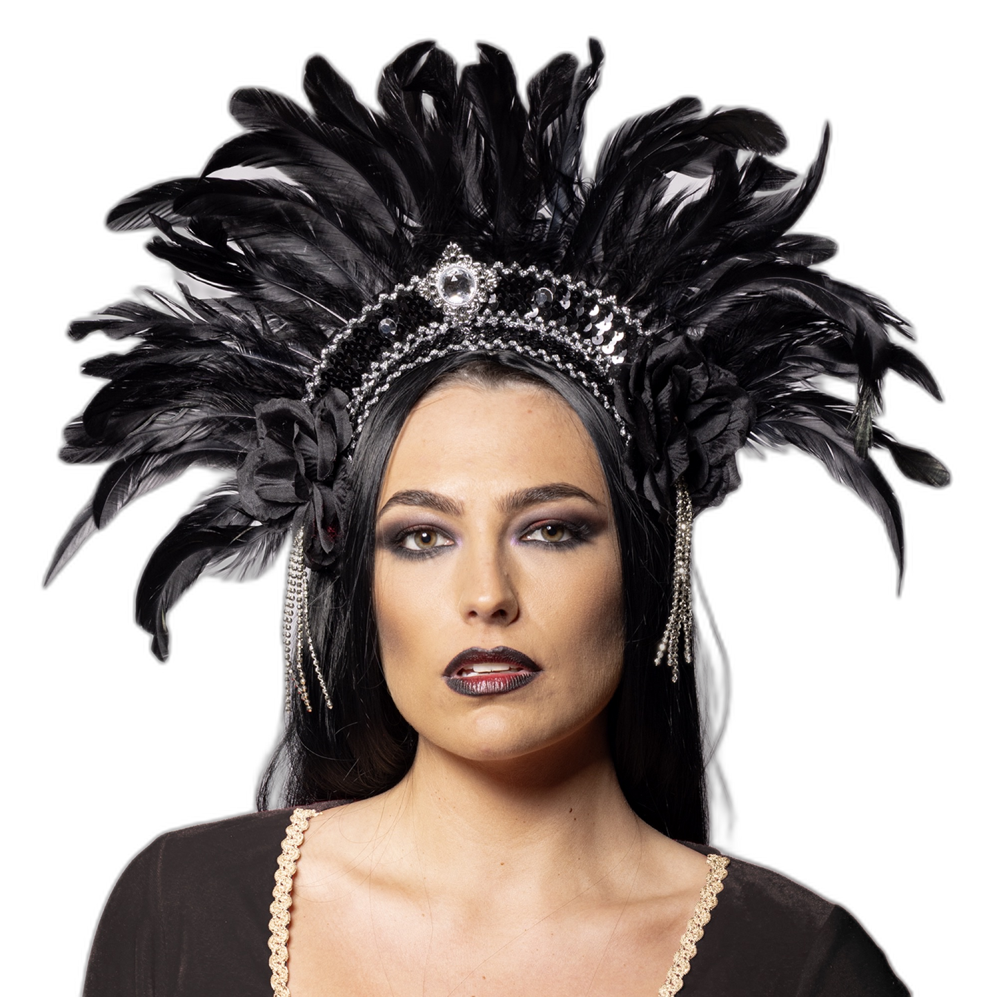 Feather Headdress, Showstopper, Silver and Black