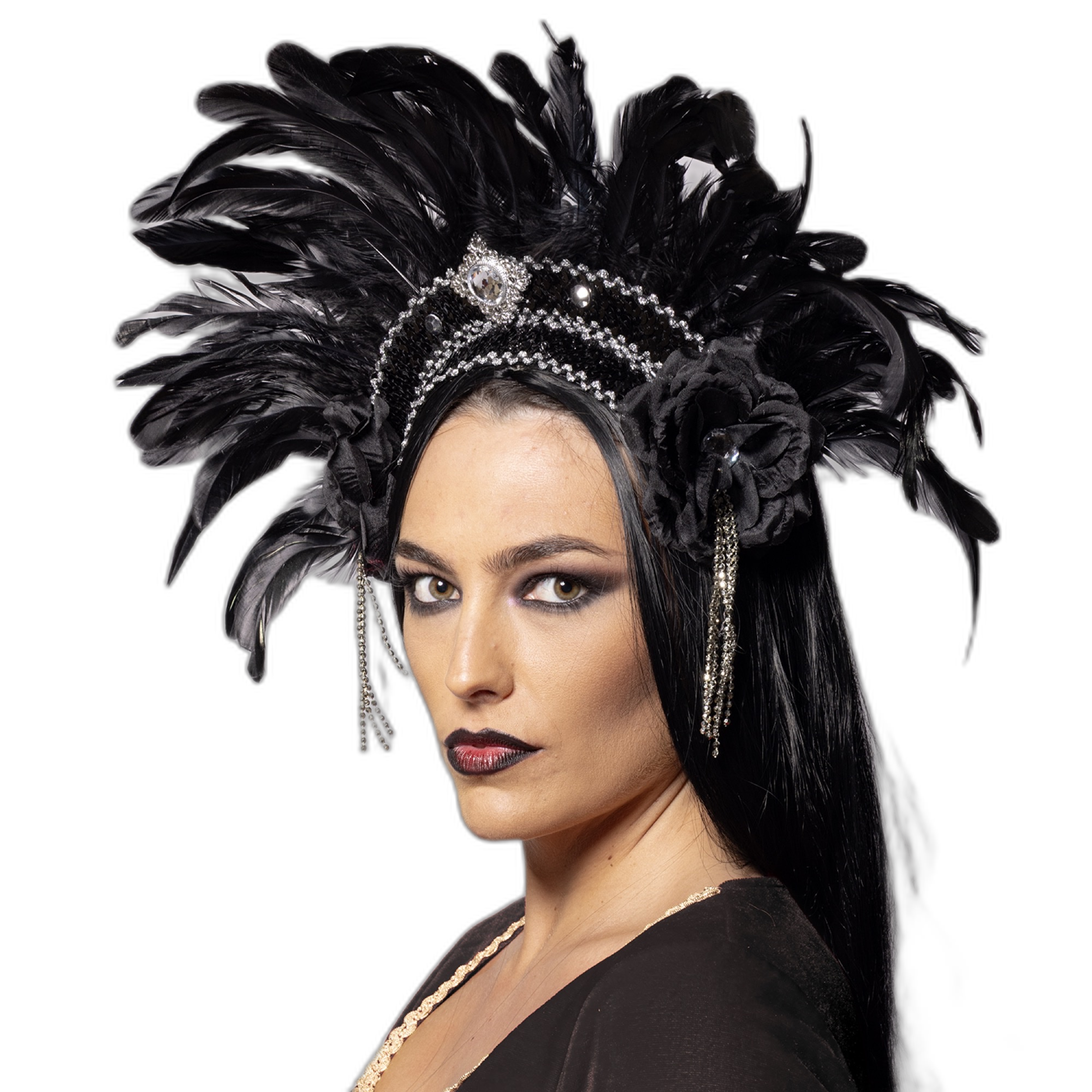 Feather Headdress, Showstopper, Silver and Black