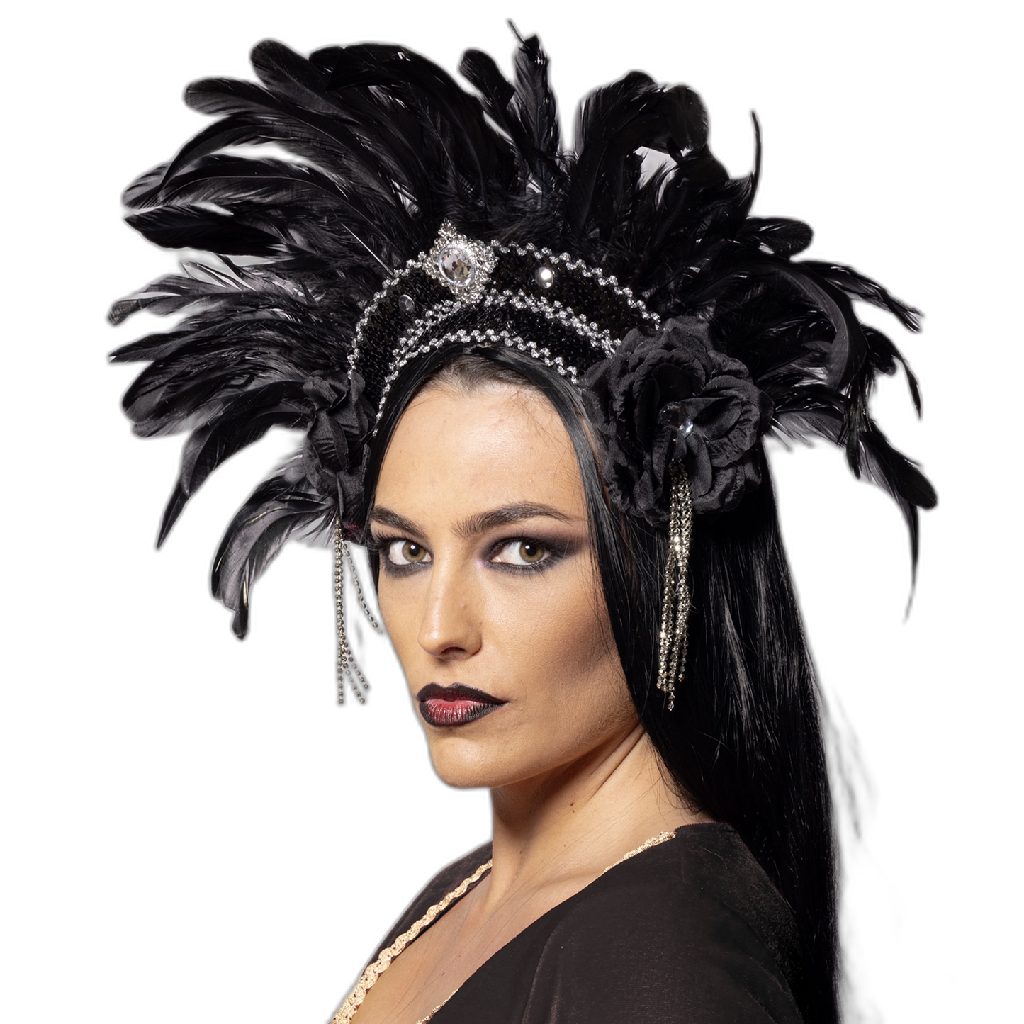 Feather Headdress, Showstopper, Silver and Black