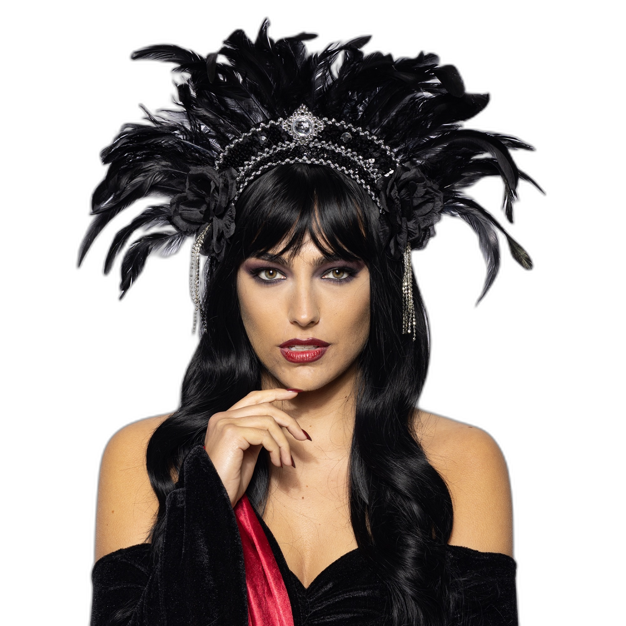Feather Headdress, Showstopper, Silver and Black