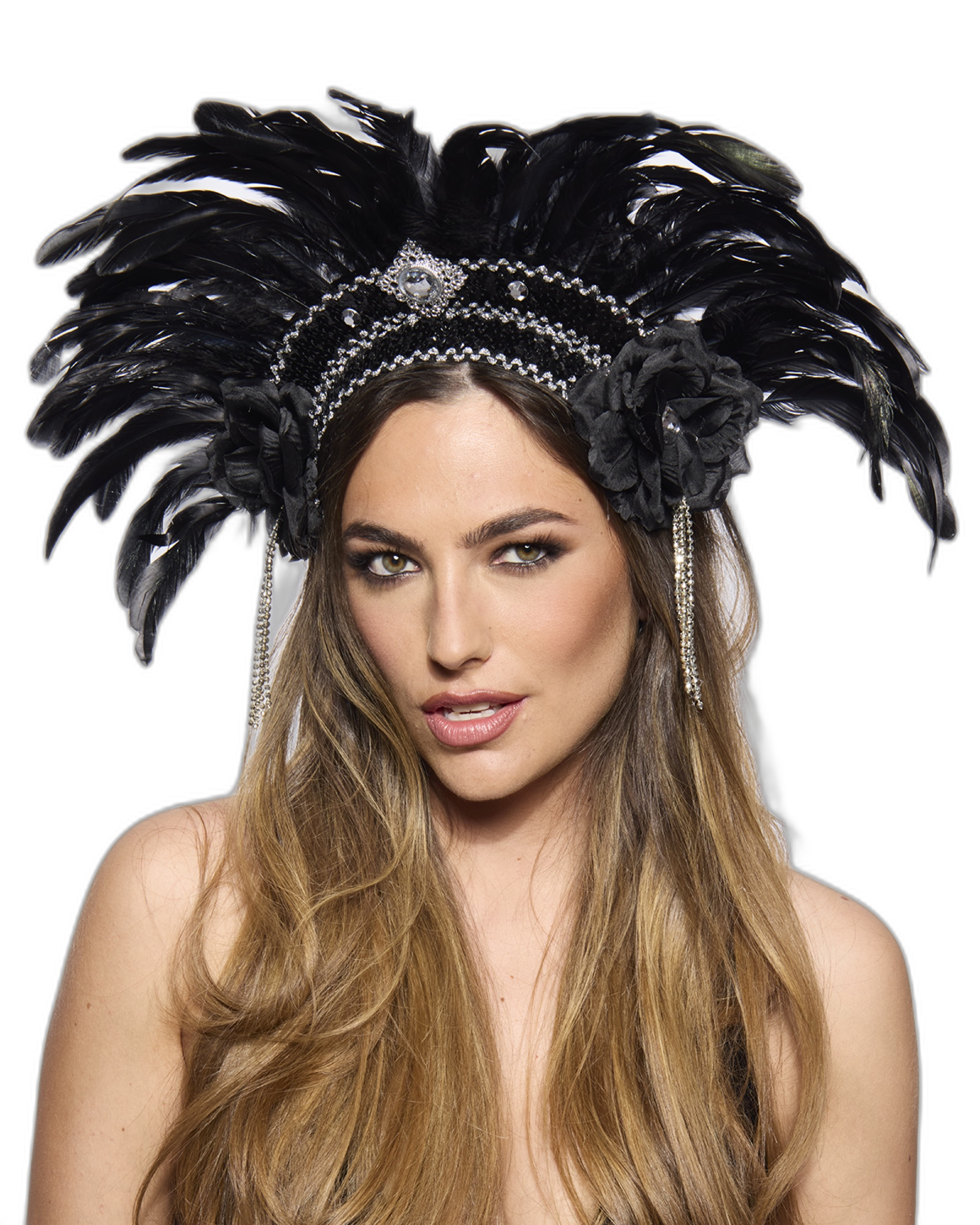 Feather Headdress, Showstopper, Silver and Black