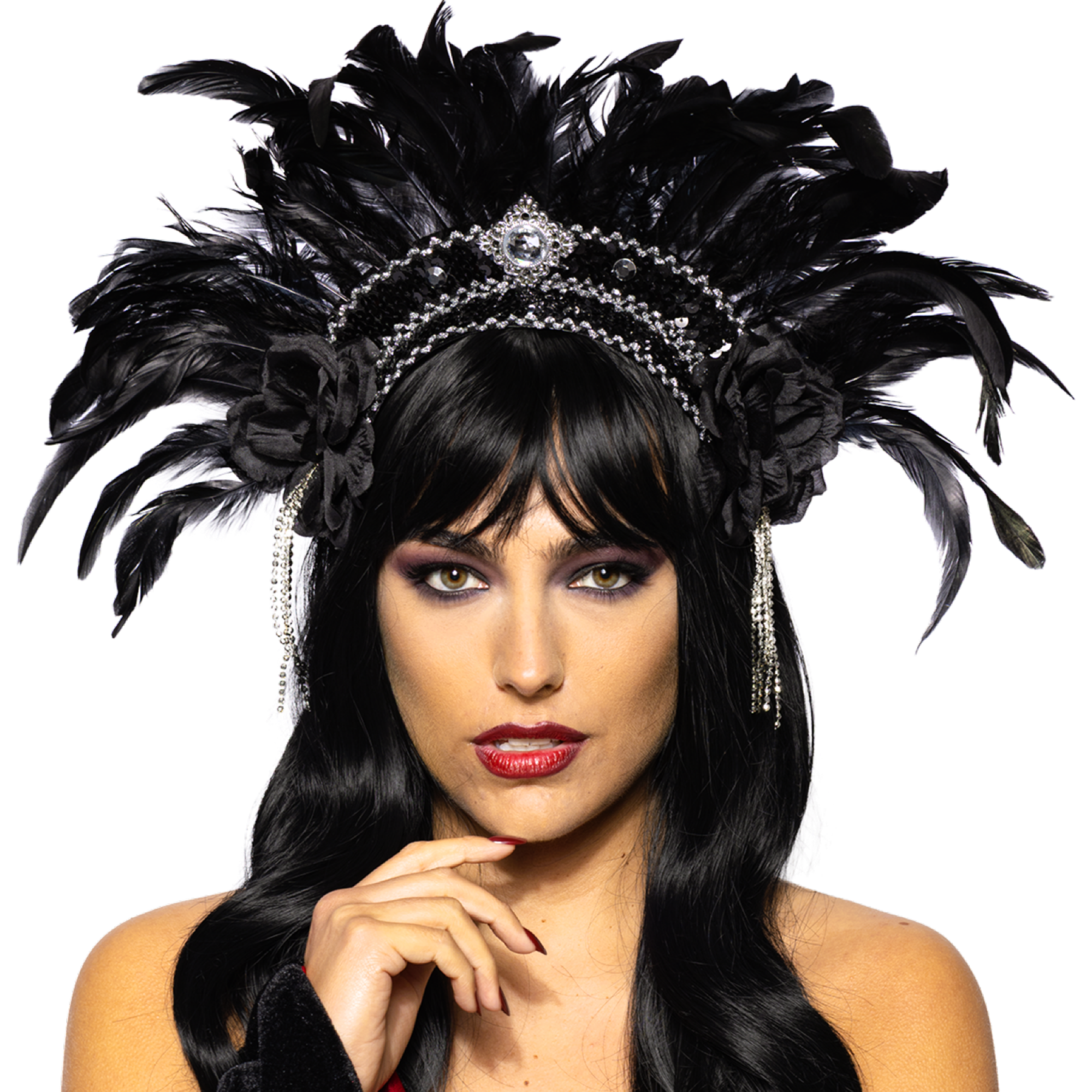 Feather Headdress, Showstopper, Silver and Black
