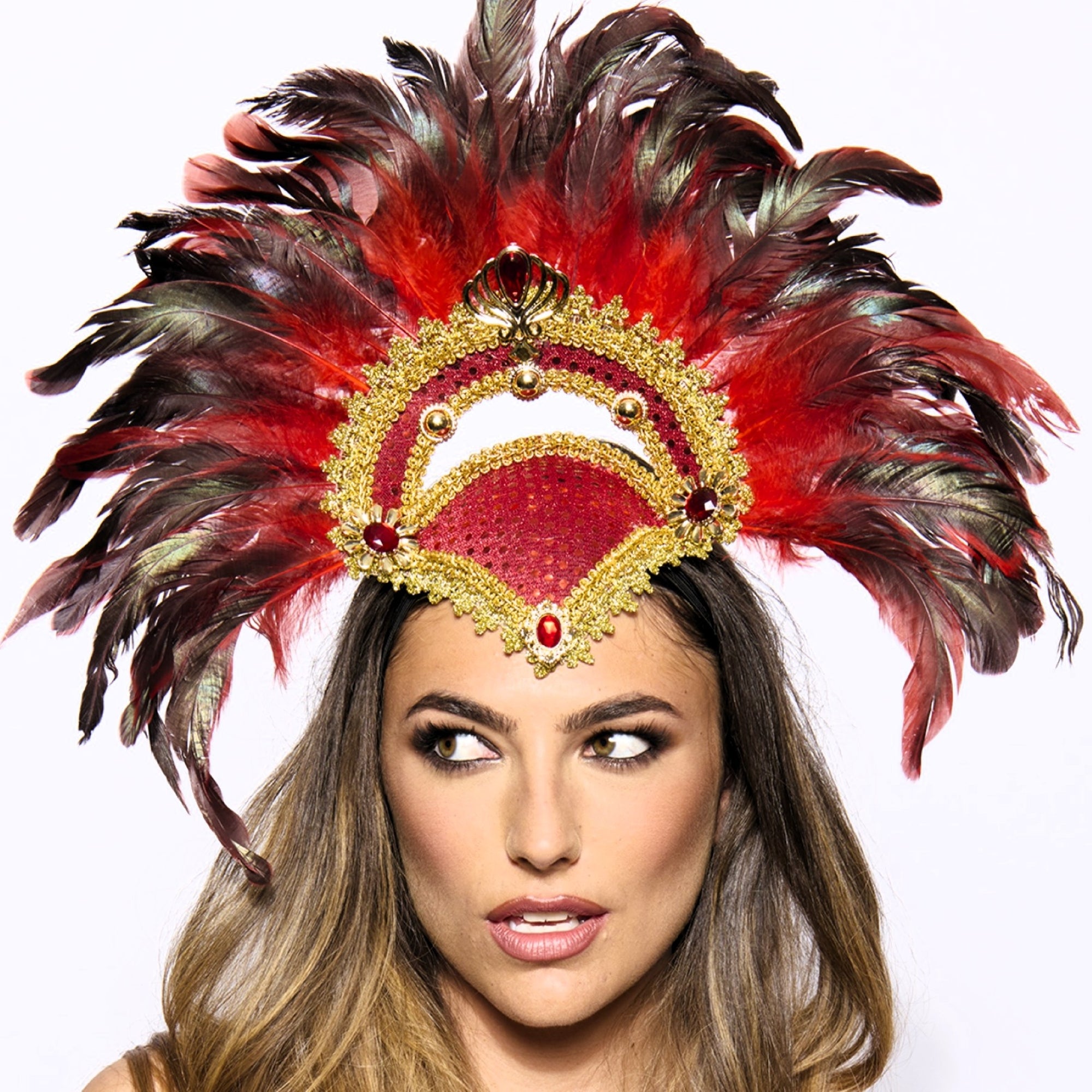 Feather Headdress, Vegas Showgirl, Red