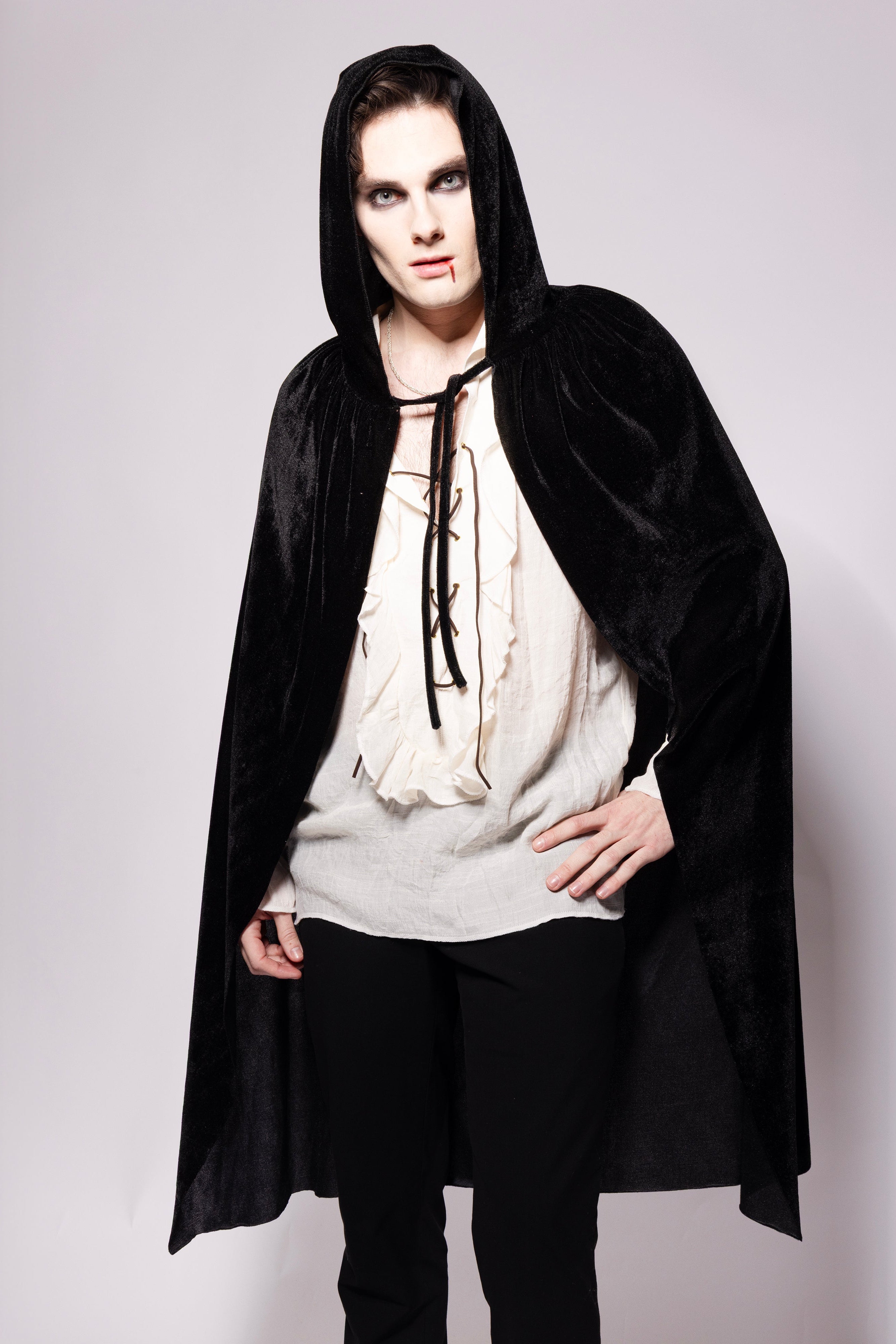Hooded Velvet Cape, Black