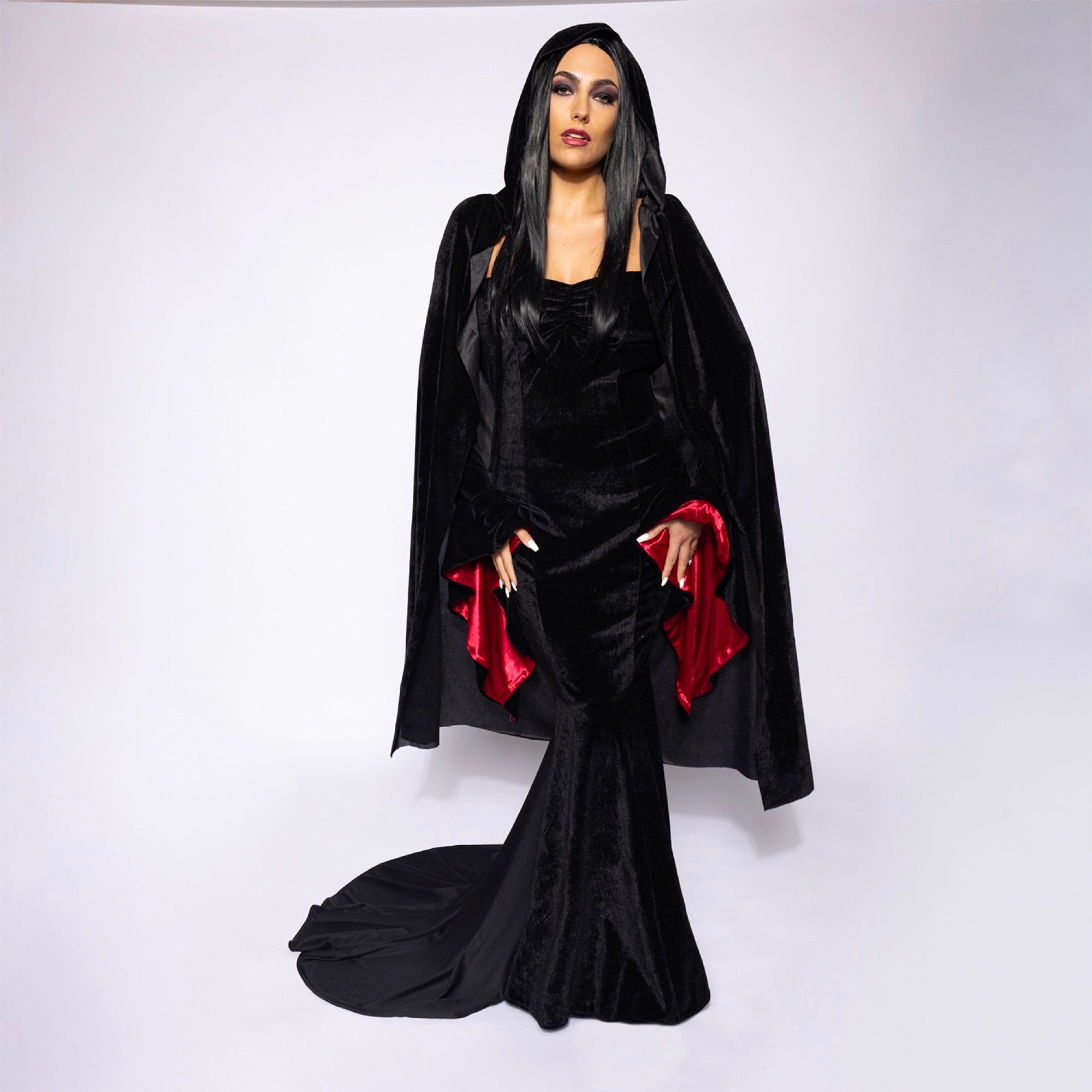 Hooded Velvet Cape, Black