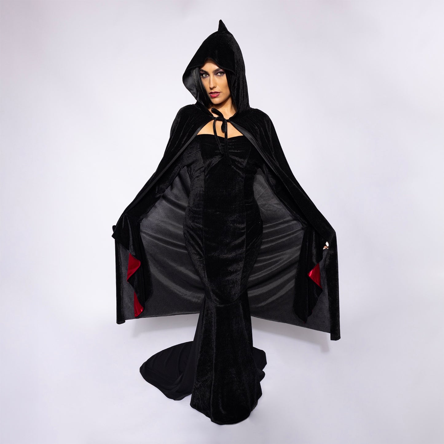 Hooded Velvet Cape, Black