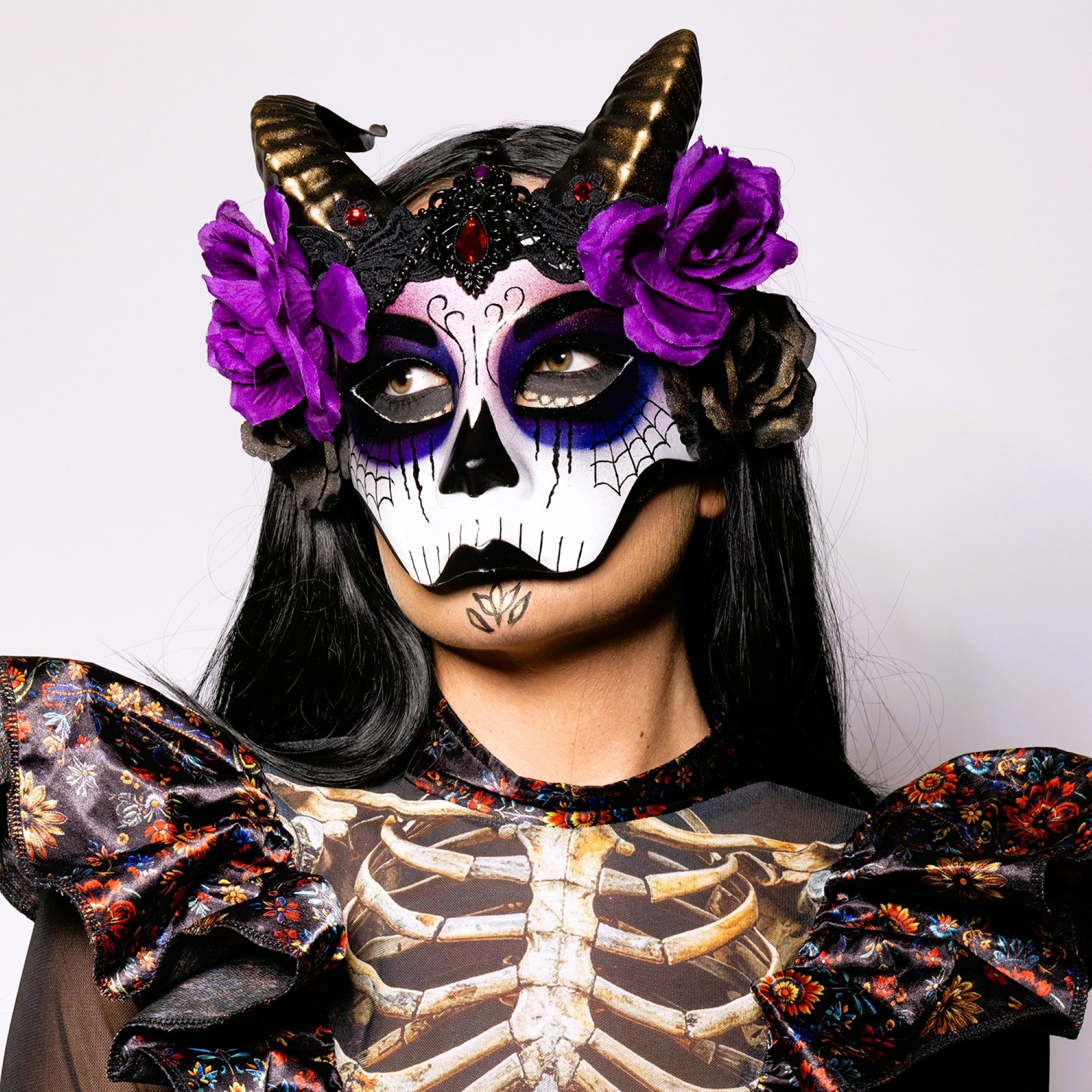 Day of The Dead, Horned, Floral Mask
