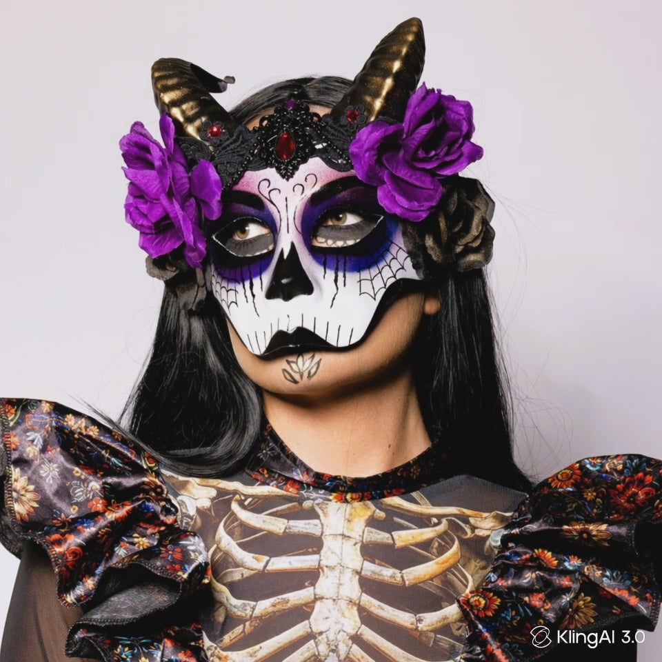 Day of The Dead, Horned, Floral Mask